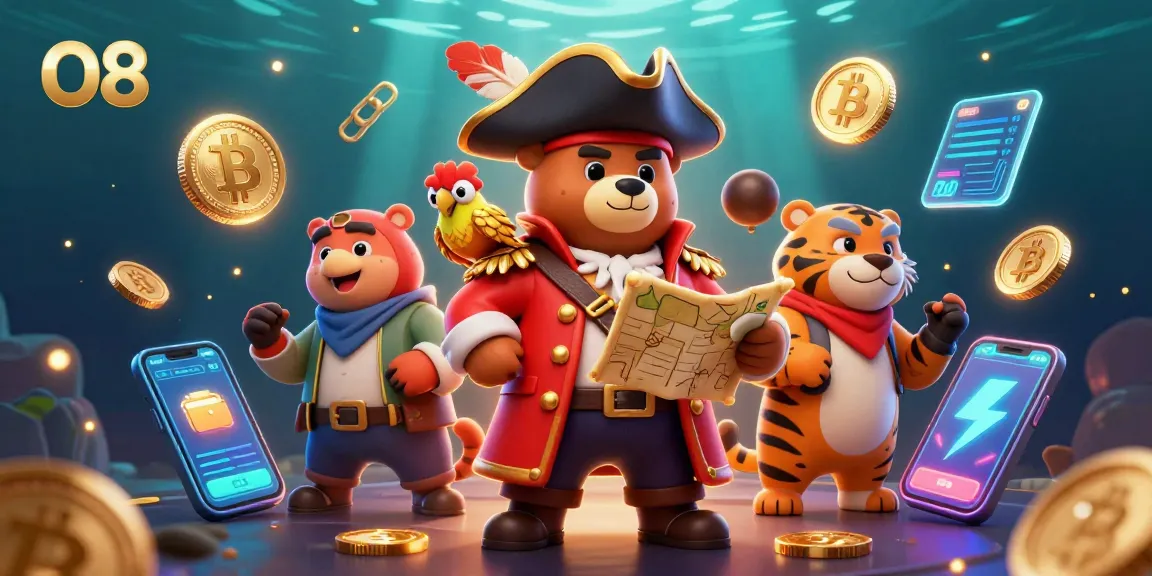 Experience thrilling action at O8's pirate-themed casino with vibrant characters and crypto elements.