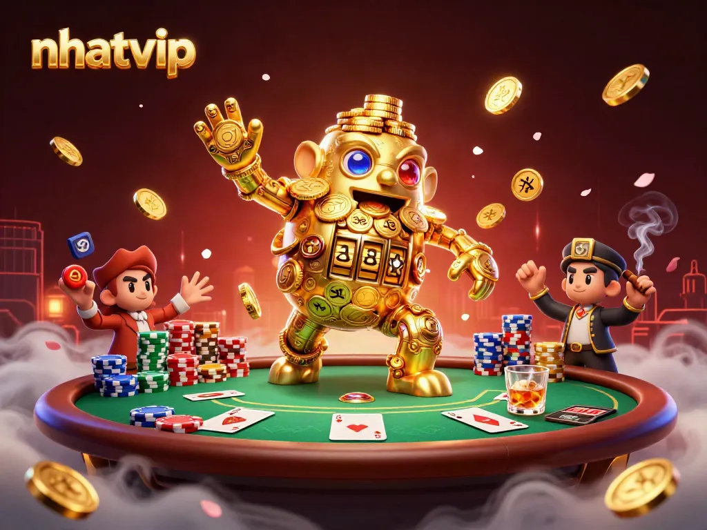 Nhatvip golem surrounded by poker elements in a vibrant casino scene, showcasing dynamic gaming action.