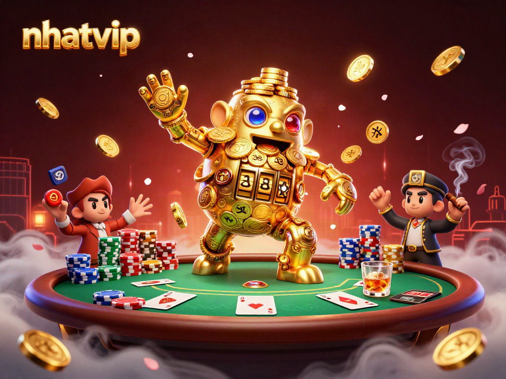 Nhatvip golem surrounded by poker elements in a vibrant casino scene, showcasing dynamic gaming action.