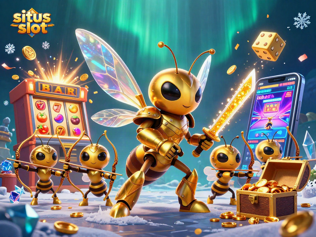 Experience excitement with situs slot as a golden hornet samurai battles amidst cascading casino elements.