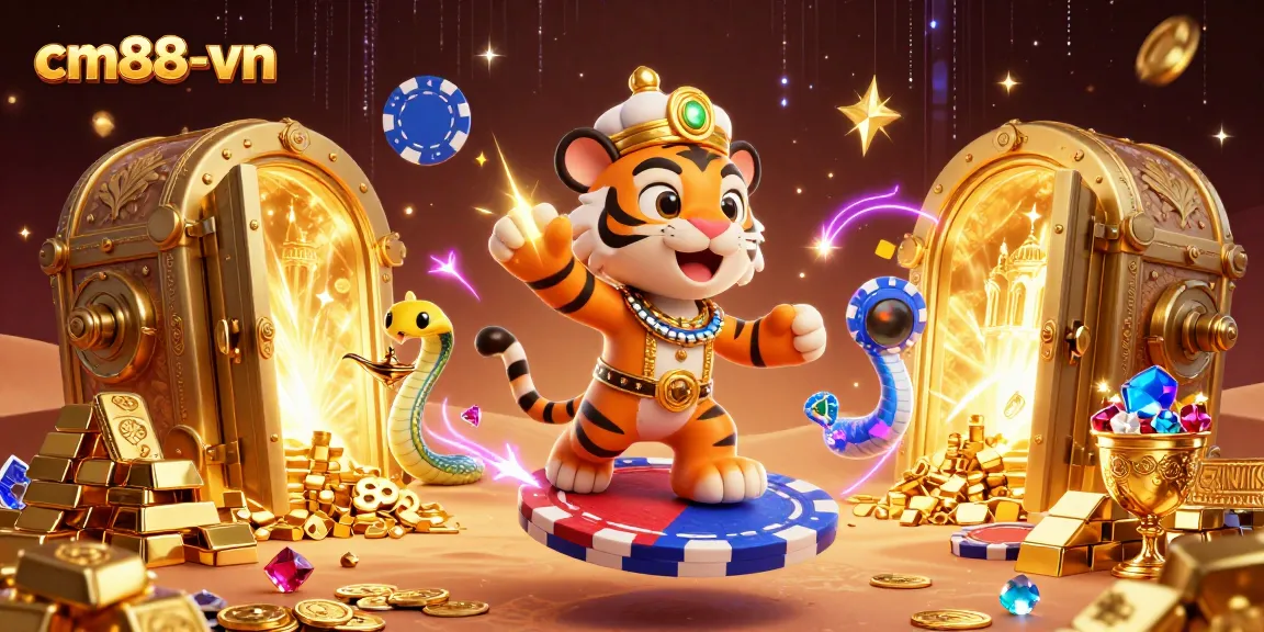 Experience the vibrant atmosphere of cm88-vn with an Arabian-themed tiger sultan and treasures bursting forth.
