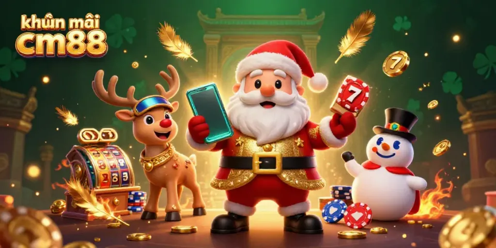 Experience khuyến mãi cm88 with a captivating casino-themed festive scene featuring Santa and friends.