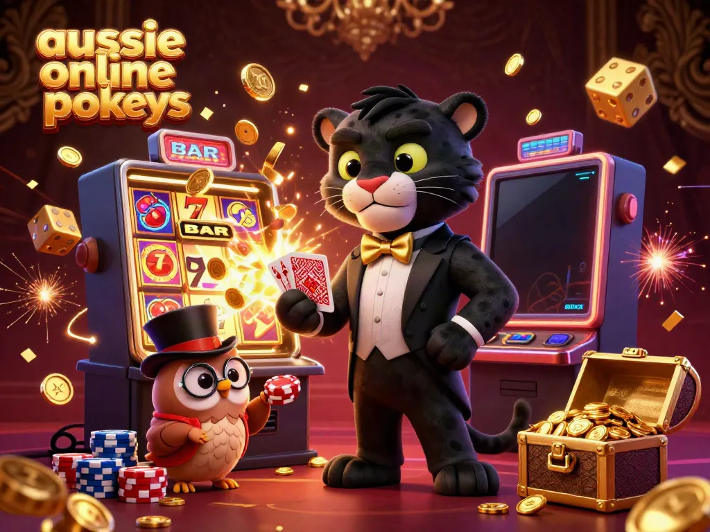 Aussie online pokies scene with a stylish black panther, an owl, and a mouse amidst dynamic casino elements.