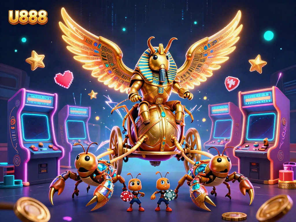 Experience thrilling U888 action with a colossal scarab beetle and gaming elements in a vibrant casino scene.