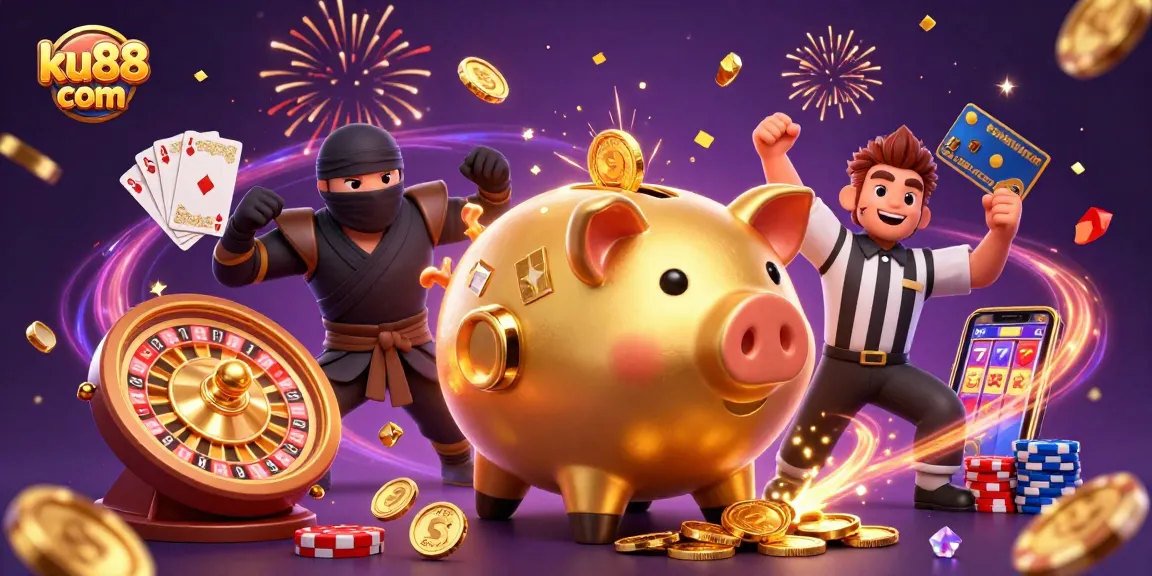 Engage in thrilling games with ku88 com as a golden piggy bank sumo wrestler celebrates a jackpot.