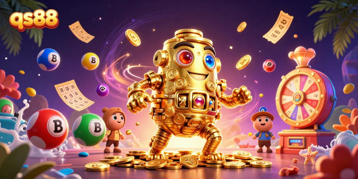 Engage with qs88's exciting casino games featured in a vibrant 3D illustration filled with dynamic elements.