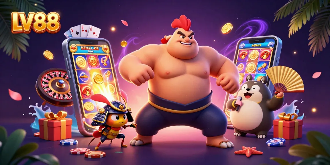 Experience the thrills of LV88 with a vibrant illustration showcasing casino action and unique characters.