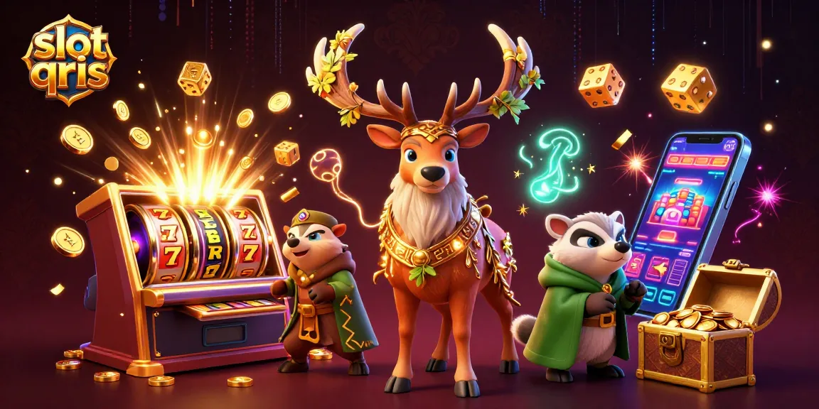 Spin the reels at slot qris with vibrant characters celebrating a jackpot explosion of coins.