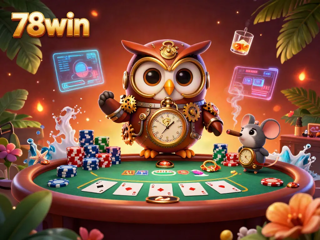 Engage with 78win's steampunk casino adventure featuring a time-traveler owl and clockwork mouse.