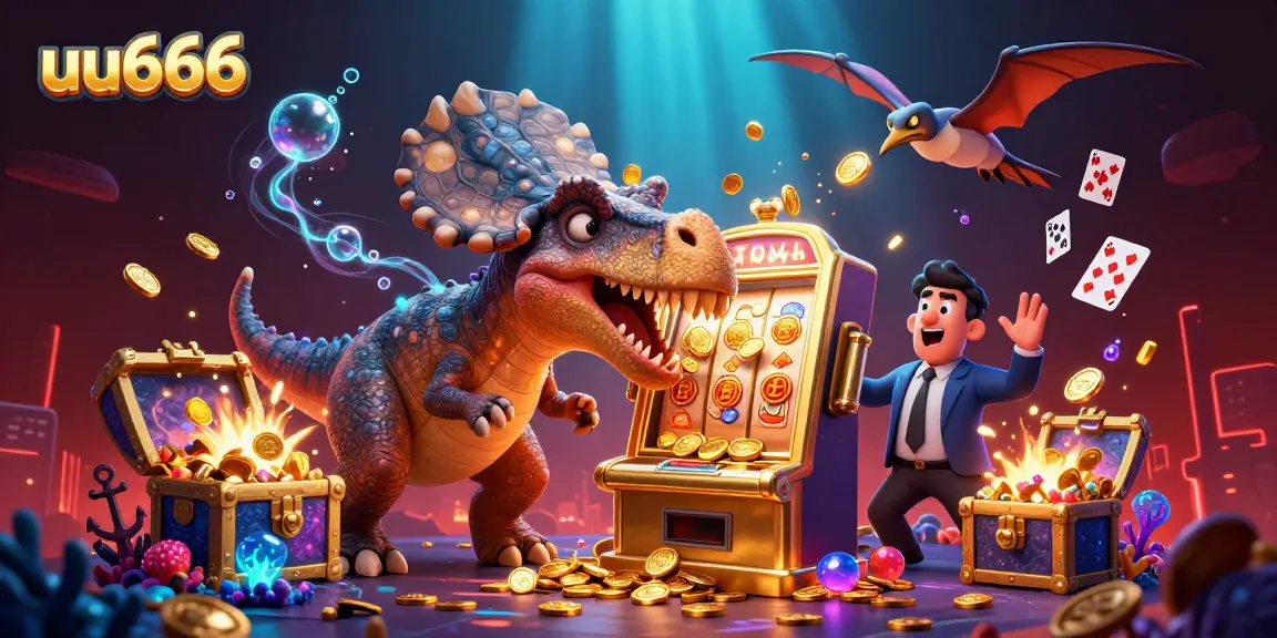 uu666 experience with a cartoon dinosaur hitting a jackpot slot machine, surrounded by rich casino elements.