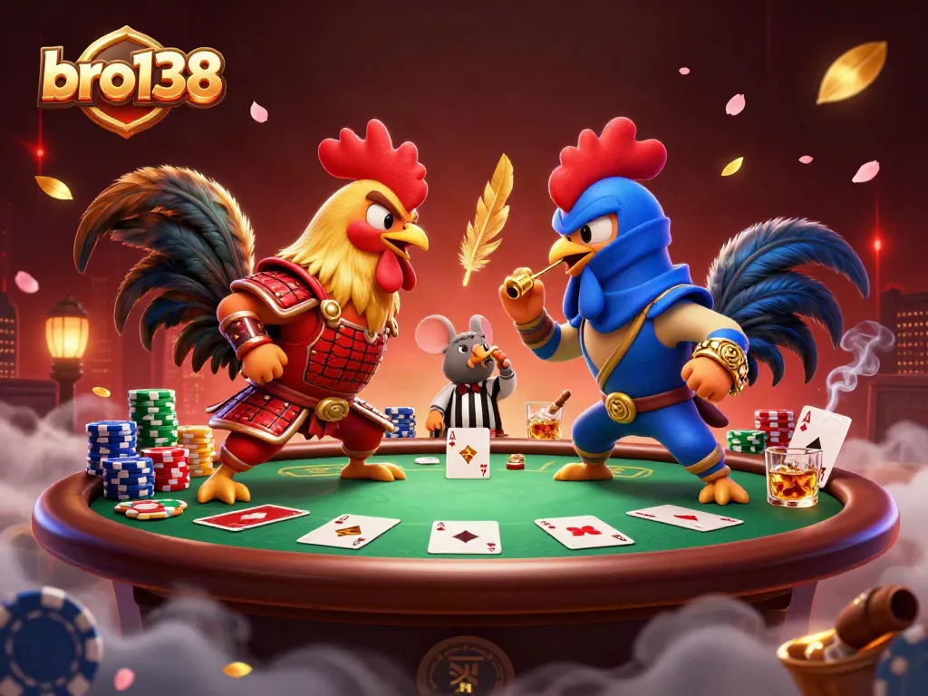 Engage with bro138's thrilling action featuring fighting roosters amidst a vibrant casino scene.