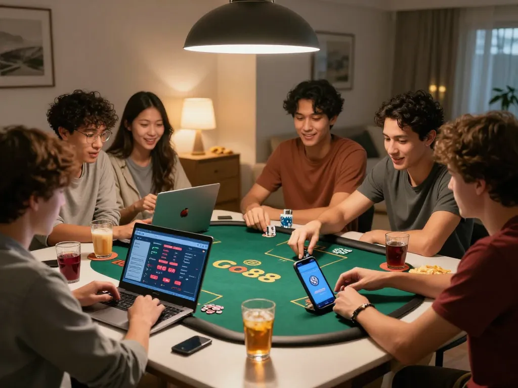 Friends enjoying poker online with the Go88 app in a cozy home setting