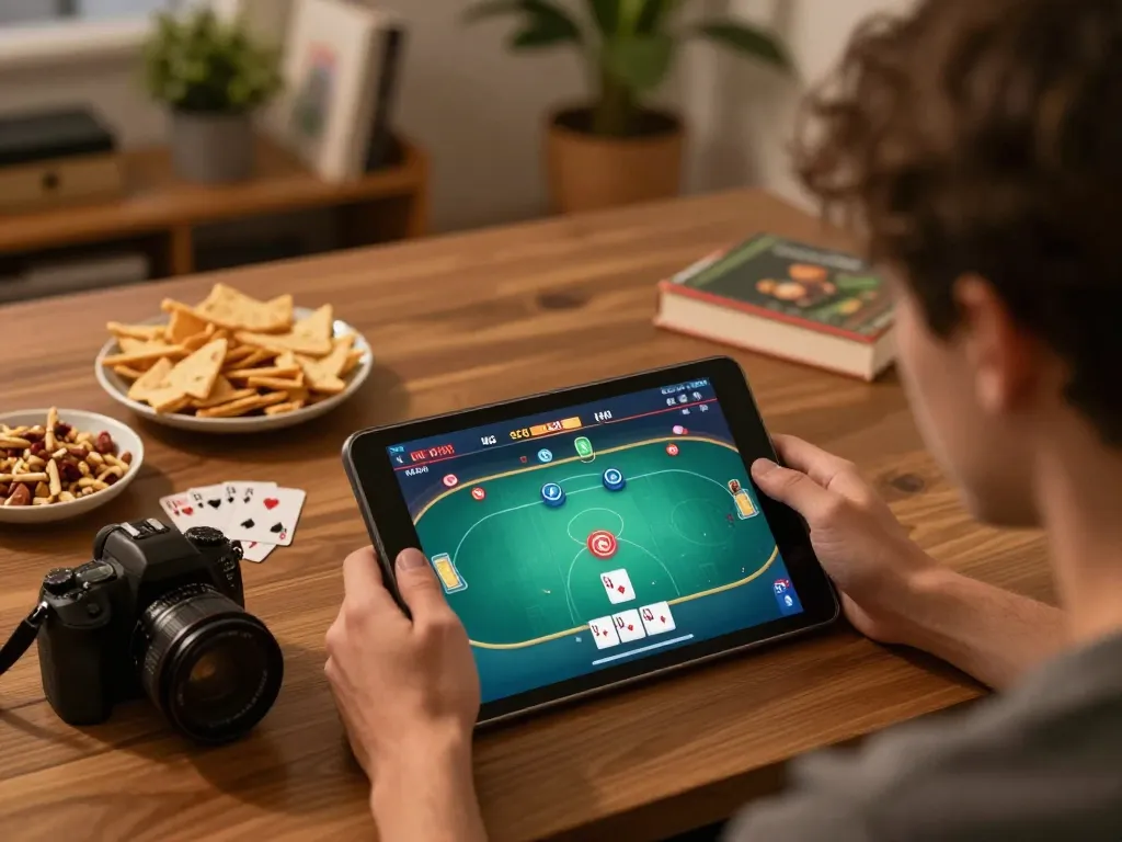 Player using fa88vn app on tablet during an engaging online poker session at home.
