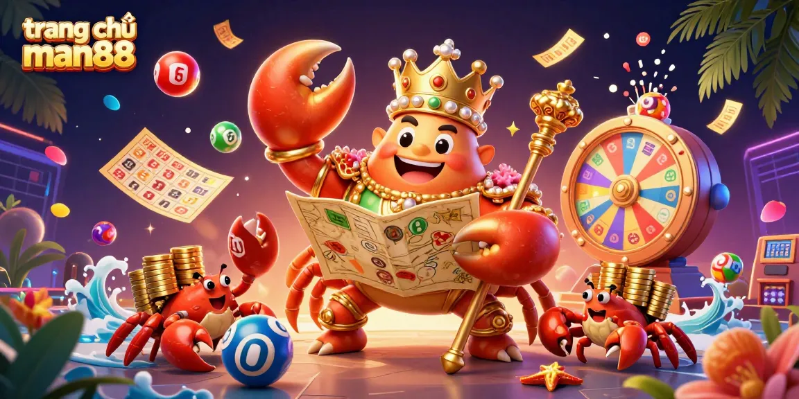 Win big with the vibrant scene at trang chủ man88 featuring a crab emperor, colorful lottery elements, and exciting game visuals.