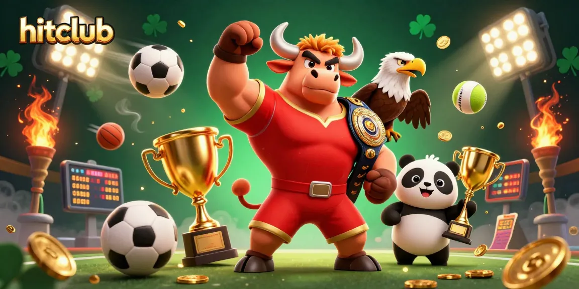 Hitclub showcases dynamic sports betting action with a strong bull mascot, eagle, and trophy.