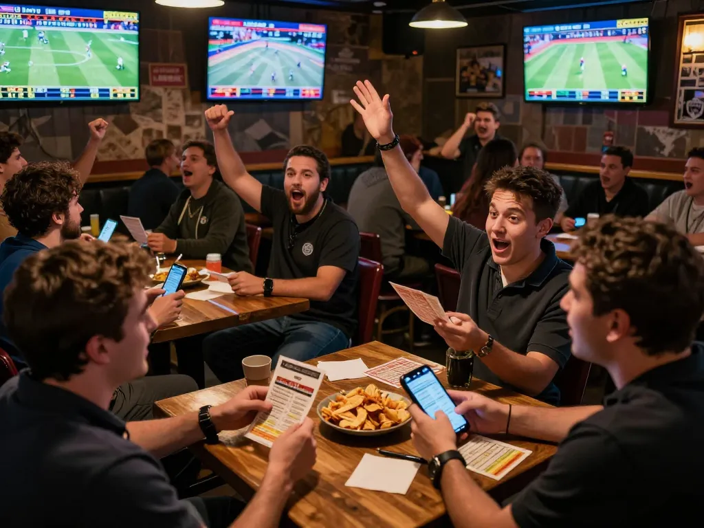 A passionate sports betting crowd watching live games in a lively bar while placing bets on 789 events.