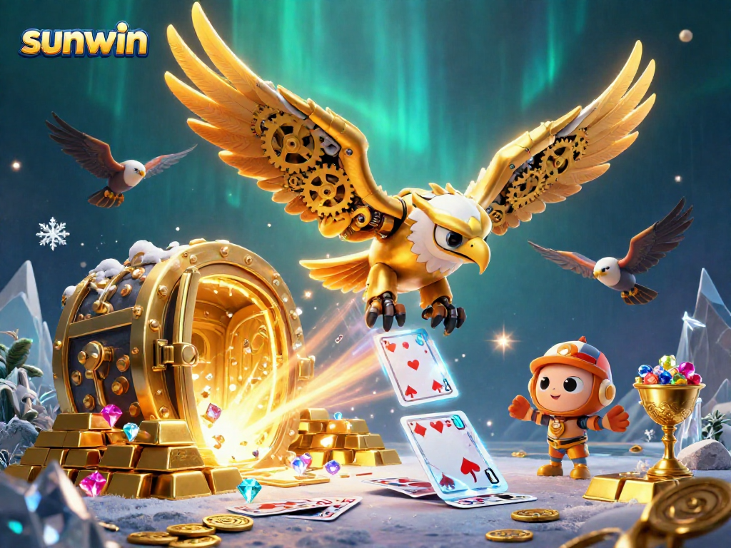 Experience the thrill of sunwin in a vibrant, dynamic casino-themed illustration featuring a golden eagle.