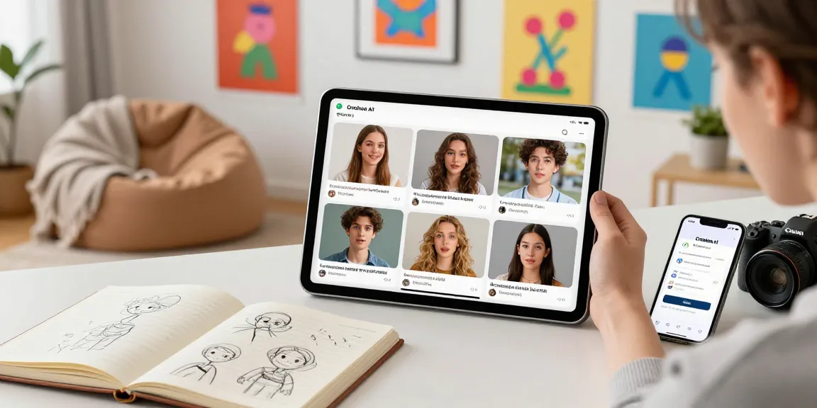 Interactive NSFW AI chat scene with user on tablet displaying engaging character visuals.