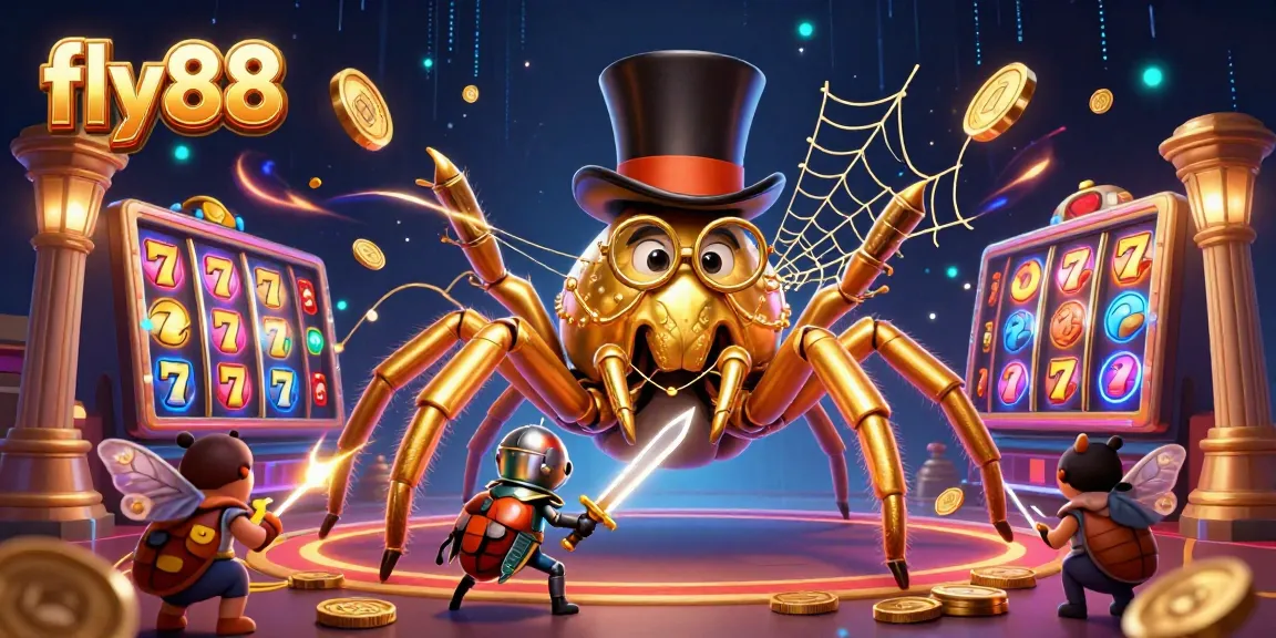 Experience immersive gaming excitement at fly88 with a golden tarantula and beetle knight in a casino scene.