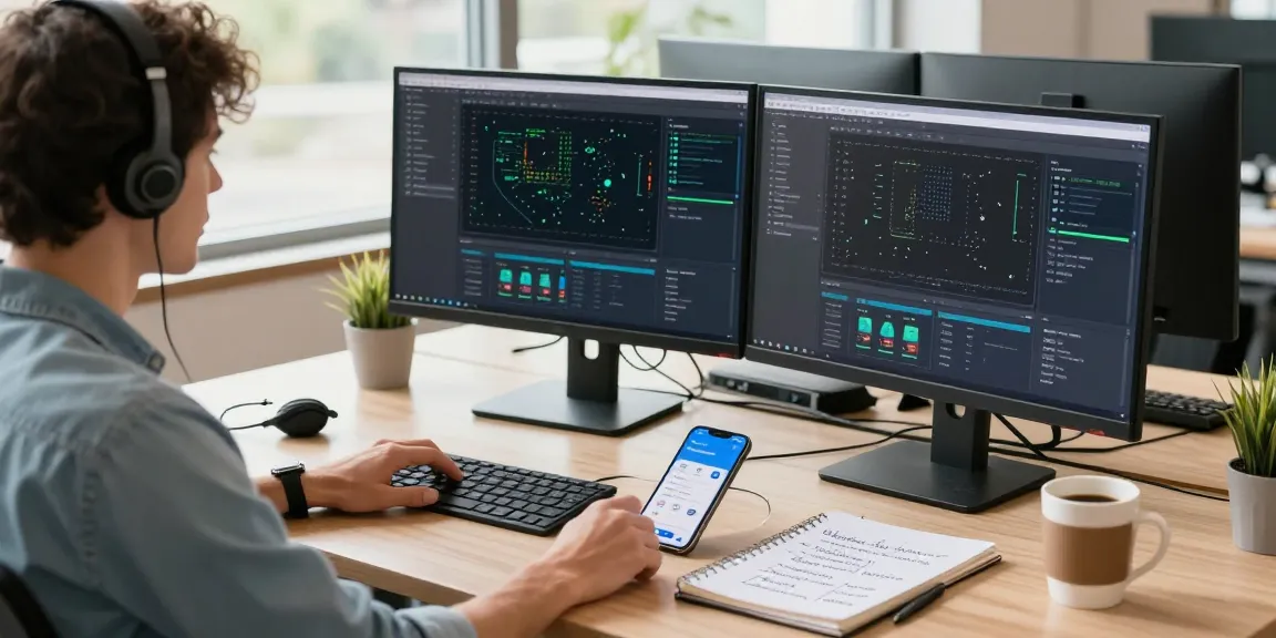 快连 - Professional tech workspace with monitors showing network optimization, emphasizing speed and security in a modern environment.