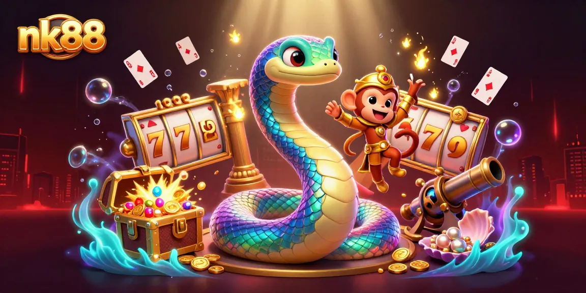 Engage with exciting games at nk88, featuring a rainbow serpent, playful characters, and vibrant casino elements.