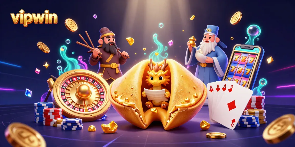 Explore winning strategies at vipwin with vibrant golden fortune cookie and rich casino elements.