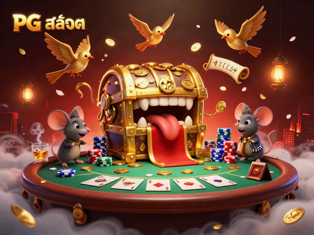 Play engaging PG สล็อต games with a vibrant treasure chest and exciting poker elements in a dazzling casino scene.