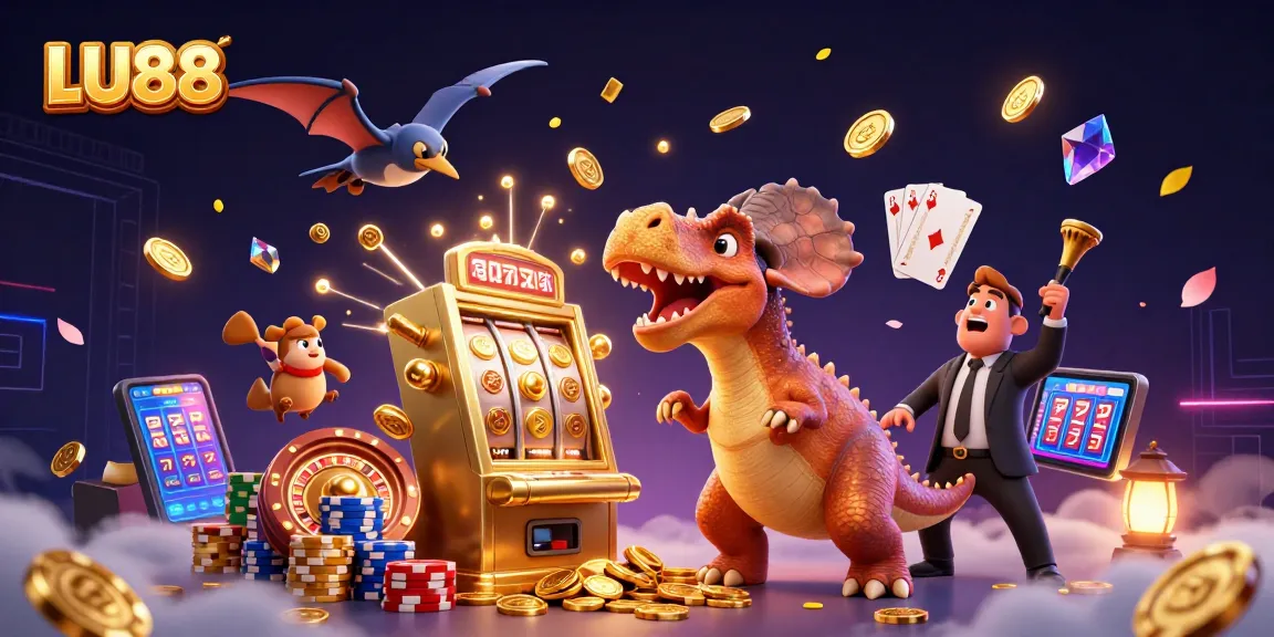 LU88 slot machine chaos with dinosaurs and coins flying in a dynamic casino scene