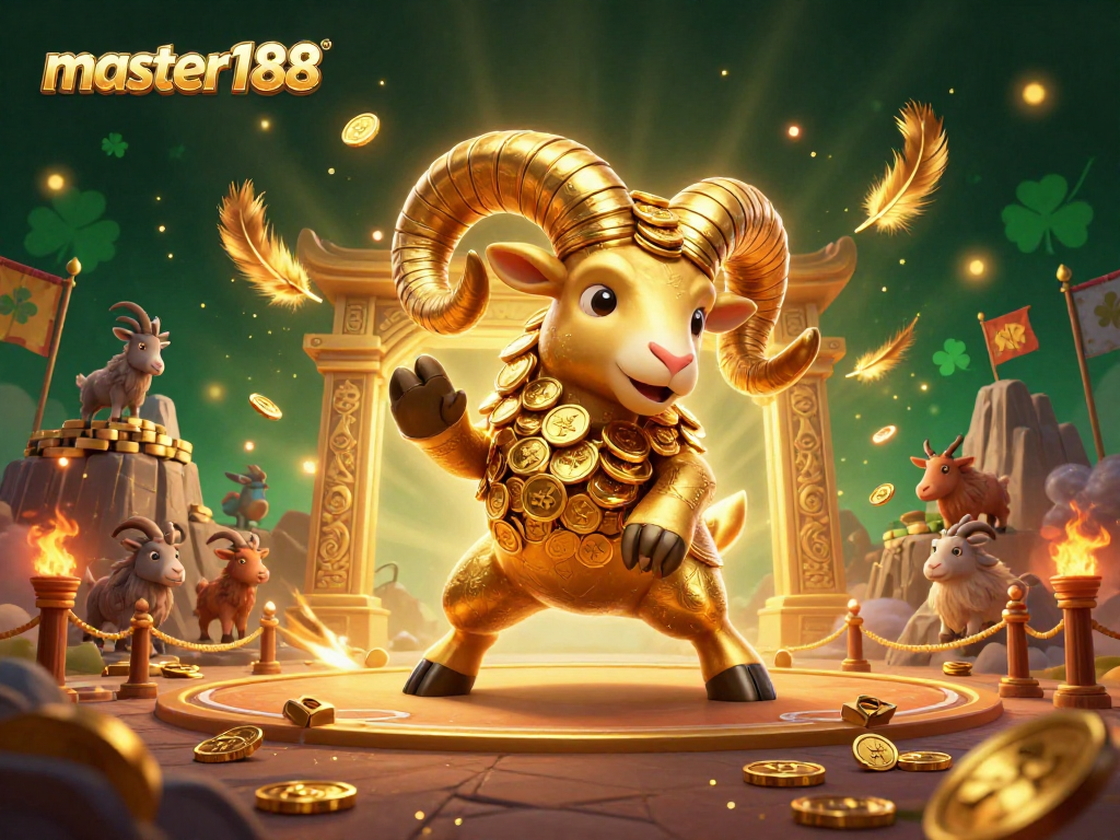 Experience master188's thrilling action as a golden ram charges into an exciting casino scene surrounded by coins and entertainment.