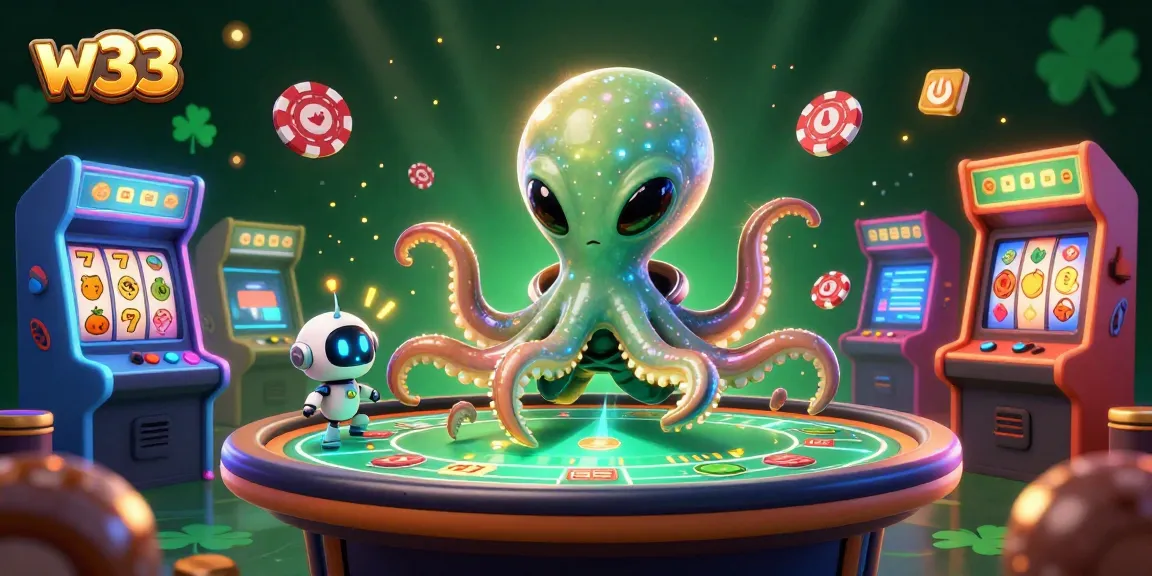 Experience w33 gaming with an alien octopus at a holographic poker table in a vibrant casino environment.