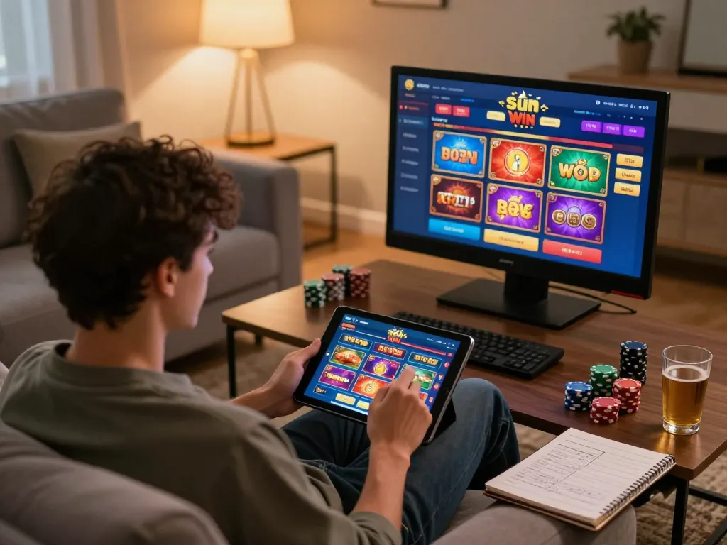Player engaging with the sun win online casino app on a tablet, showcasing a cozy home gaming experience.