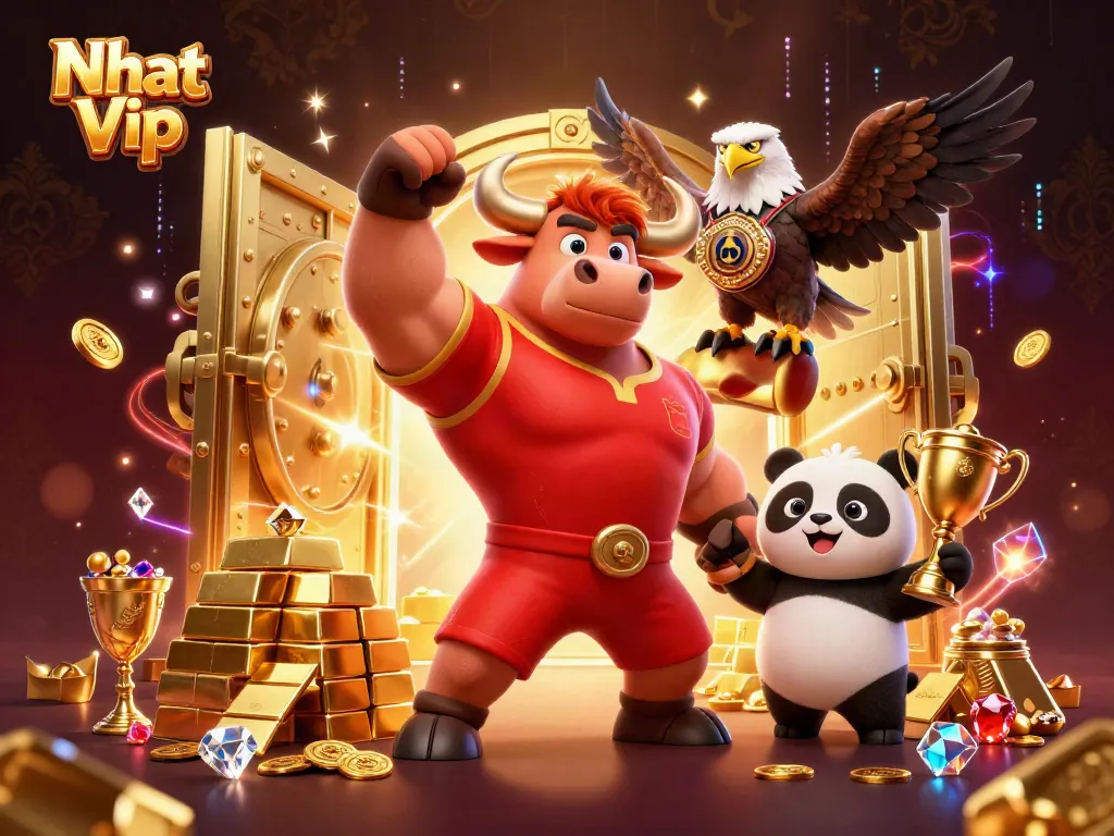 Nhat Vip celebrates wins with a bull mascot, eagle, and panda in a 3D casino scene.
