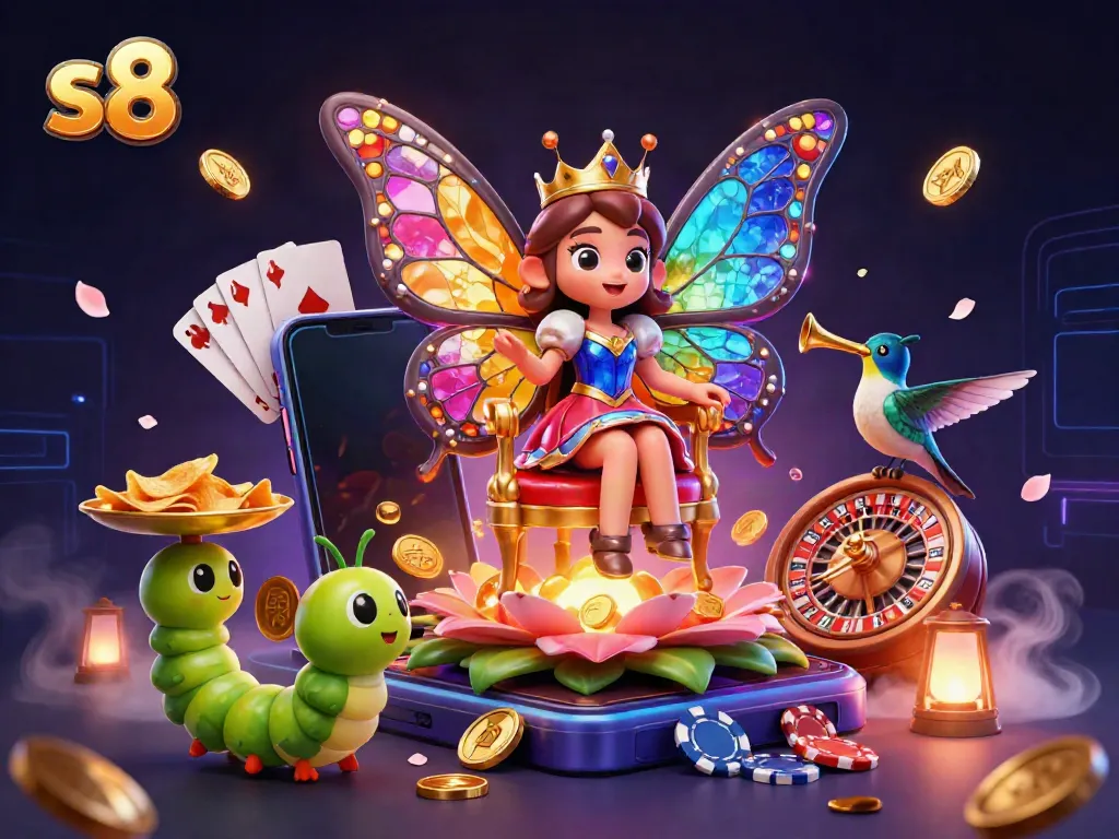 Win big at s8 with a 3D cartoon scene featuring a butterfly queen and vibrant casino elements.