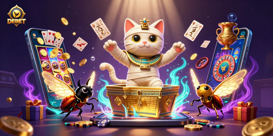 DEBET offers thrilling gaming action with an illustrated mummy cat, slot games, and vibrant casino elements.