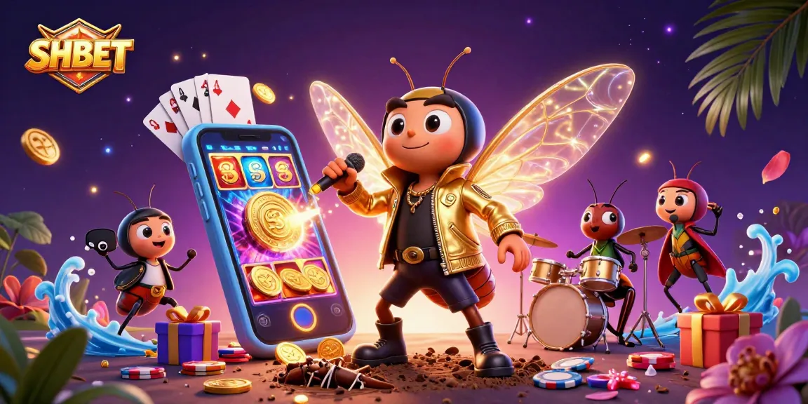 Experience the exciting world of SHBET through this vibrant illustration featuring a 3D rock star cicada and dynamic game elements.