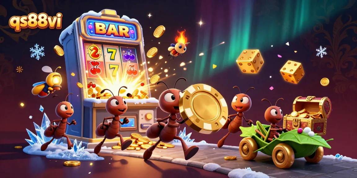 qs88vi grabs golden poker chip through a chaotic casino heist with vivid game symbols and characters.