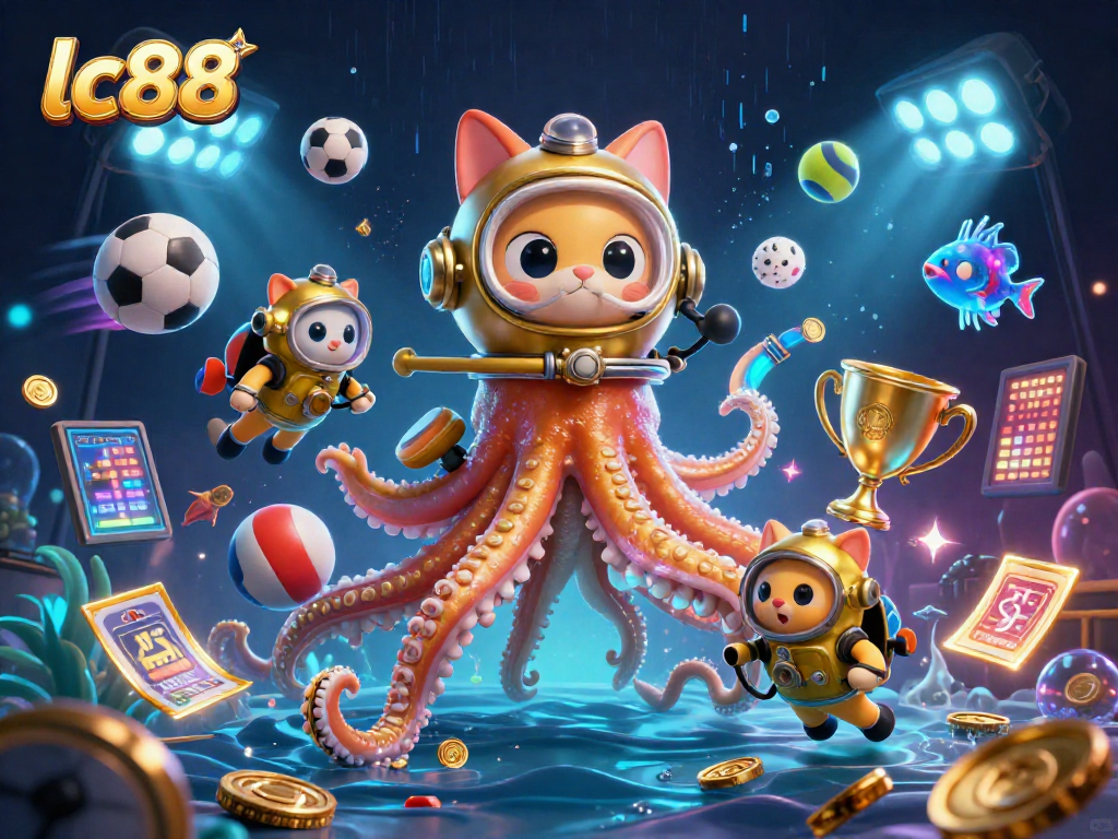 Immerse in the world of lc88 with a dynamic kraken scene featuring a cat diver and vibrant casino elements.