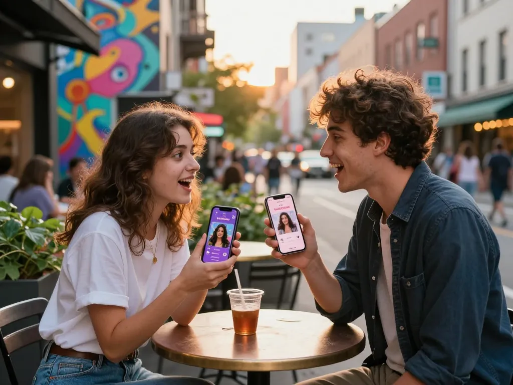 Young couple interacting with an ai gf app in a vibrant urban setting.