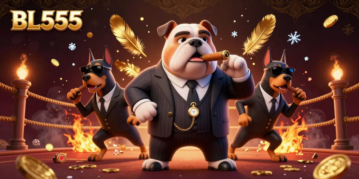Experience thrilling betting at BL555 with a dynamic 3D depiction of a mafia bulldog and bodyguards amidst golden coins.