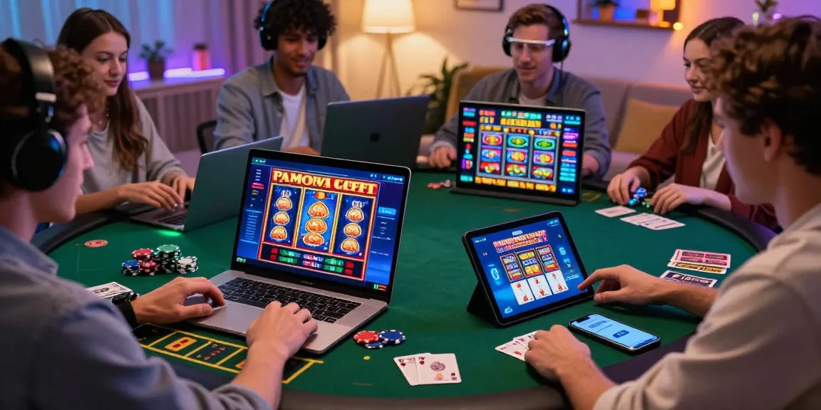 Scena di gioco emozionante che mostra giocatori impegnati con piattaforme di casinò non AAMS a casa, circondati da elementi vivaci di casinò.