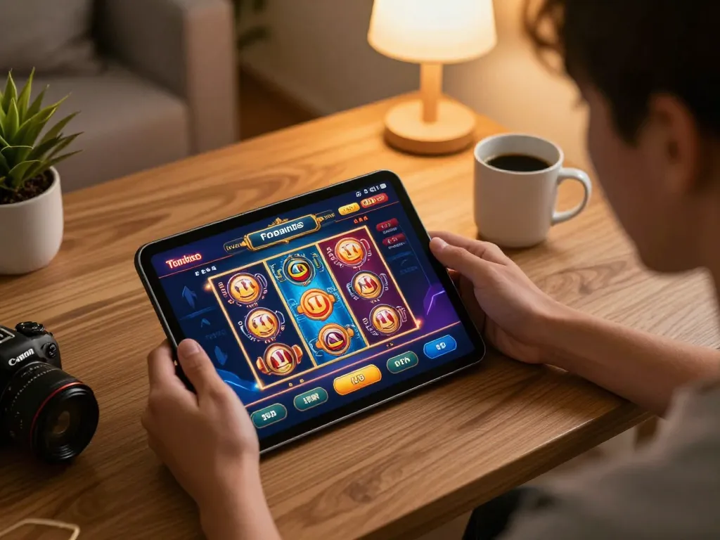 Player engaging with a tablet at an online casino app, showcasing the world of nhà cái gambling.