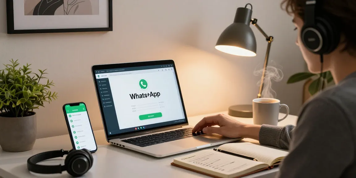 Professional using WhatsApp網頁版 on a laptop in a modern home office.
