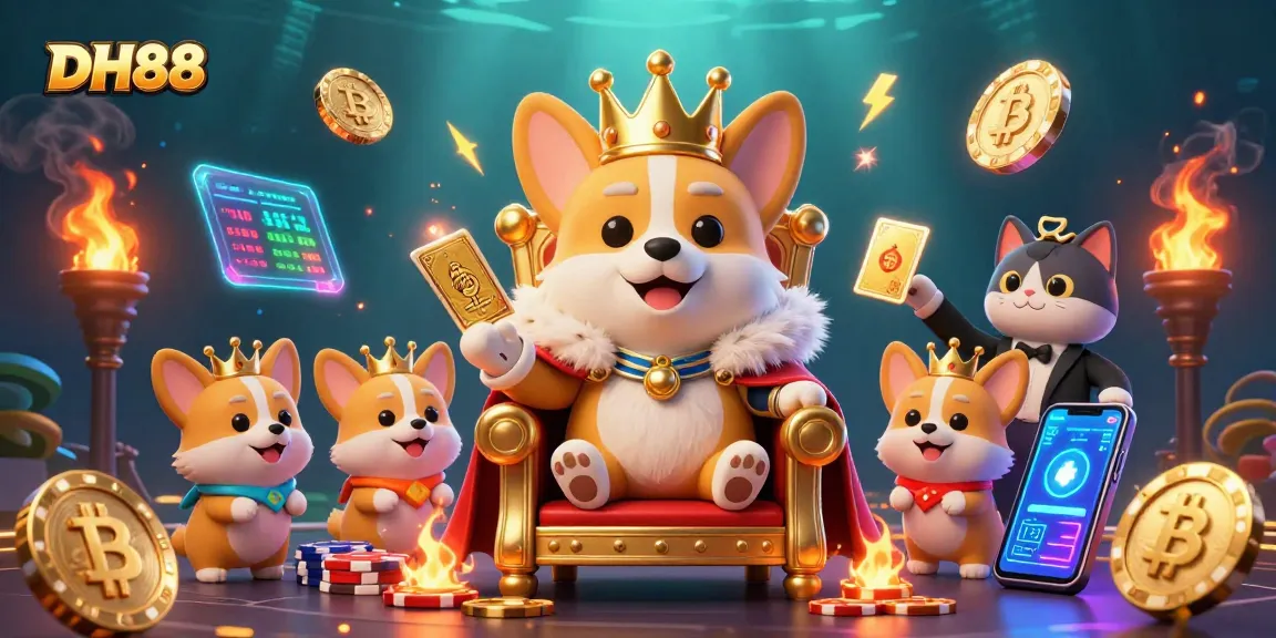 Join the excitement at DH88, where the royal corgi reigns among vibrant casino elements and crypto riches.