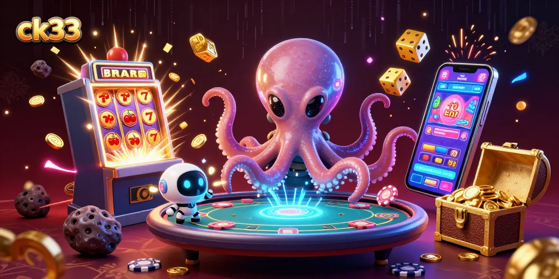 Experience thrilling gaming with ck33 while an alien octopus plays at a holographic poker table amidst casino elements.