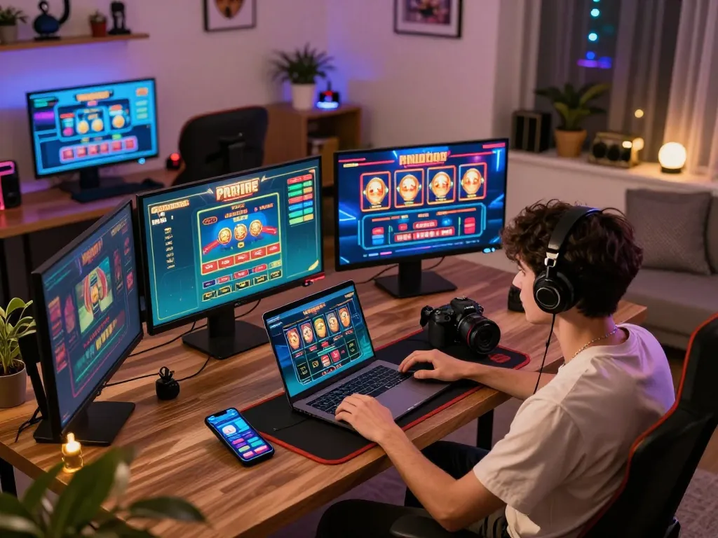 Vipwin online gaming scene showing a player engaging with multiple casino games in a stylish home setup.