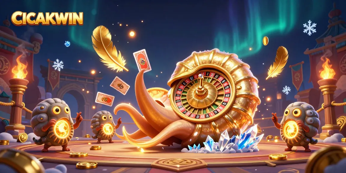 CICAKWIN enhances the excitement of slots with a vibrant 3D illustration of a giant roulette nautilus surrounded by shimmering gold and cards.