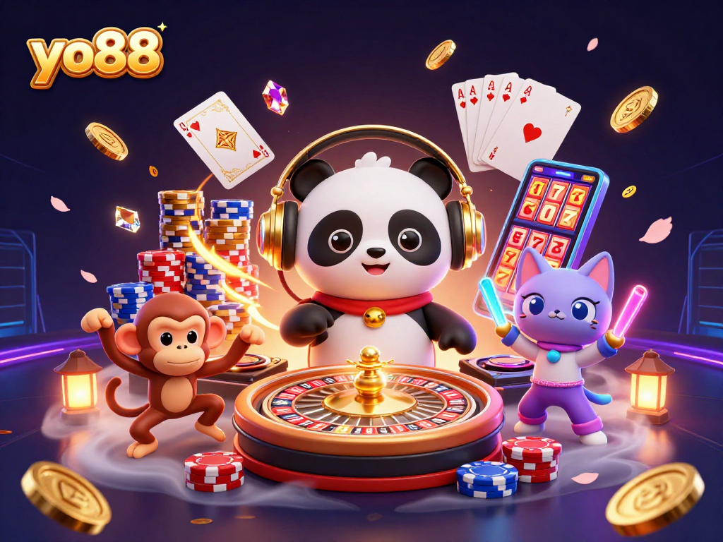 Join the fun with yo88: DJ panda spins while coins and gems fly in a lively casino scene.