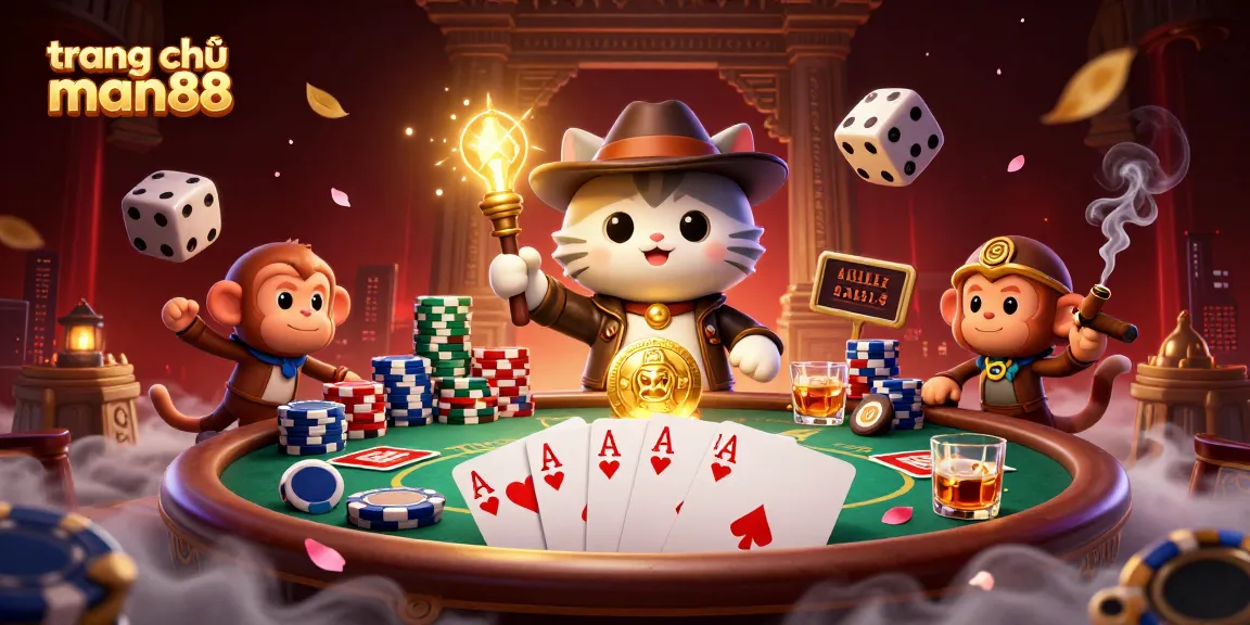 Engage with the vibrant scene of trang chủ man88 as the explorer cat uncovers casino treasures.