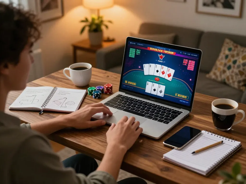 Person playing poker on laptop at home, highlighting strategic gameplay on 98win. com in a cozy setting.
