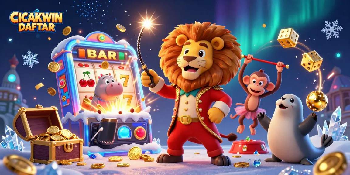 Experience fun and excitement with CICAKWIN DAFTAR, showcasing vibrant casino and gaming elements in a rich 3D scene.